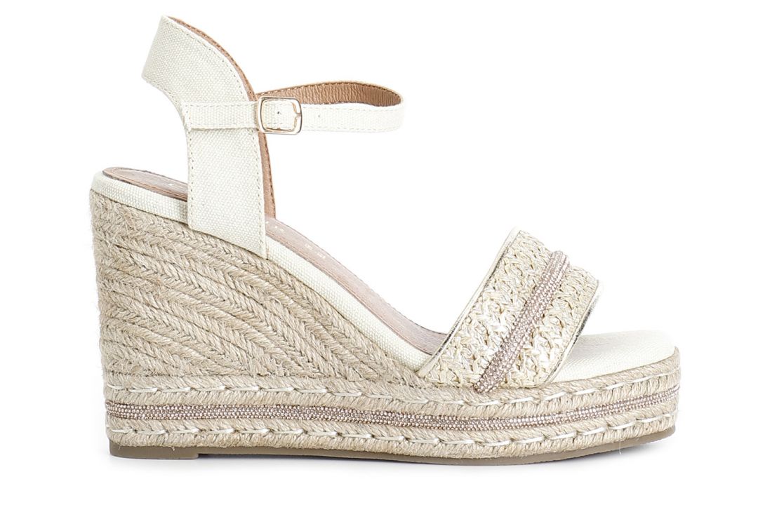 sandalen gilda aus raffiabast und stoff mit keilsohle aus hanf light gold